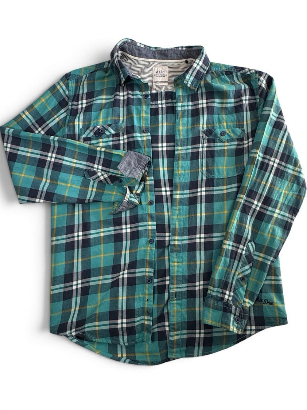 edc Men M Green Blue Plaid Long Sleeve Regular Fit Button-Up Shirt Pockets